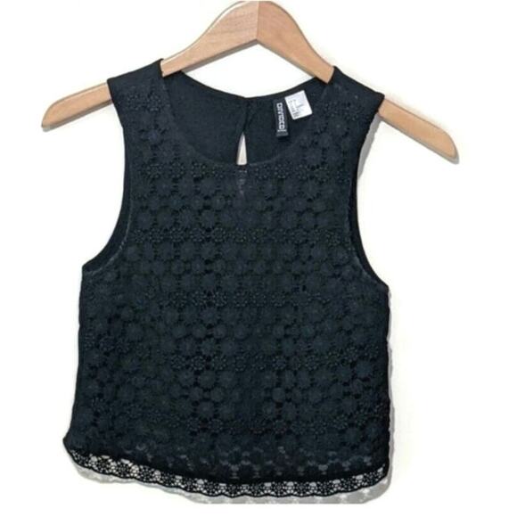 H&M Black Floral Crochet Lace Top Sleeveless Scoop Neck Crop Boho Festival 4 - Picture 5 of 5